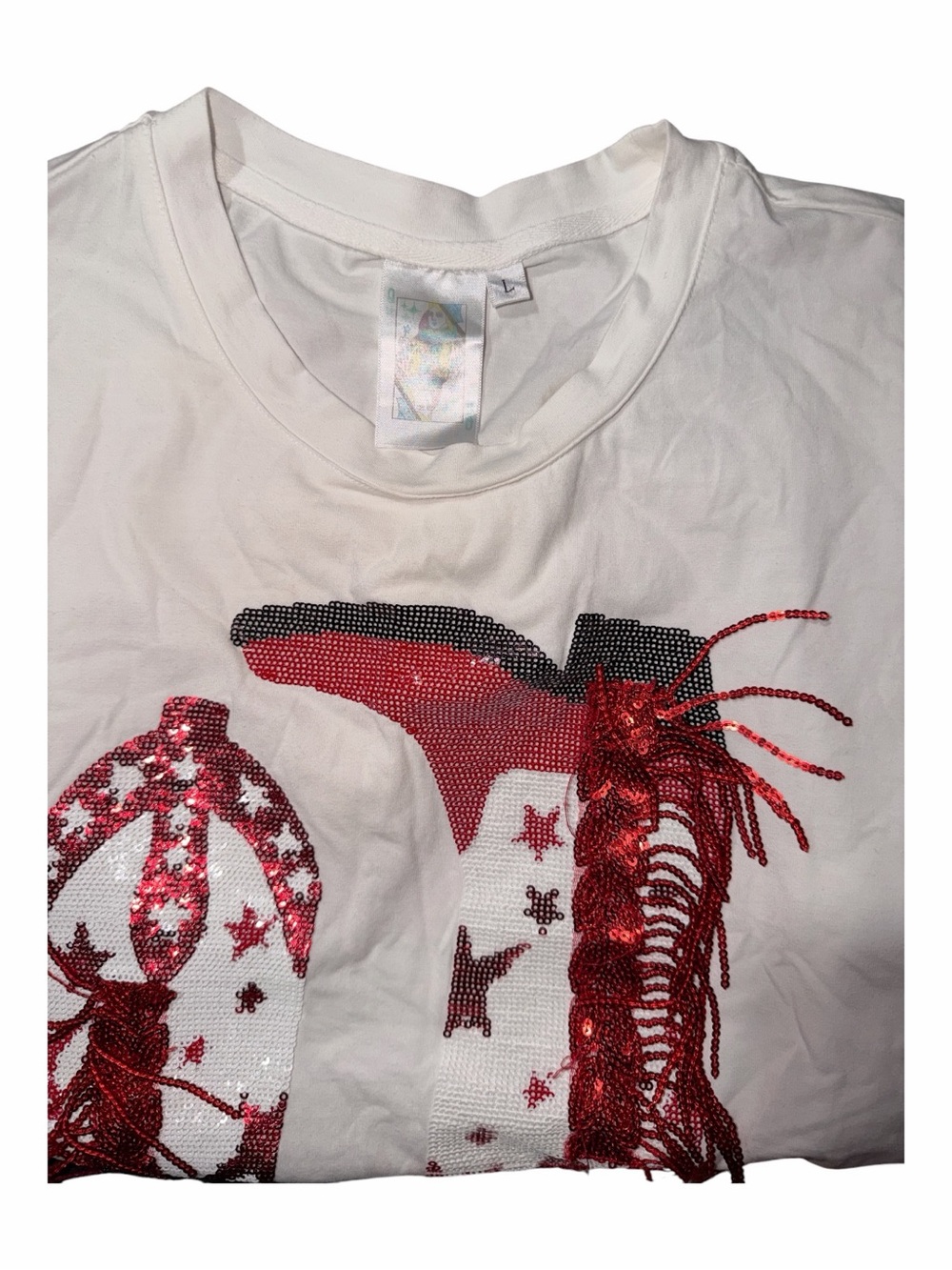 QUEEN OF SPARKLES White Tee with Red Fringe Cowboy Boot Graphic - Picture 3 of 3